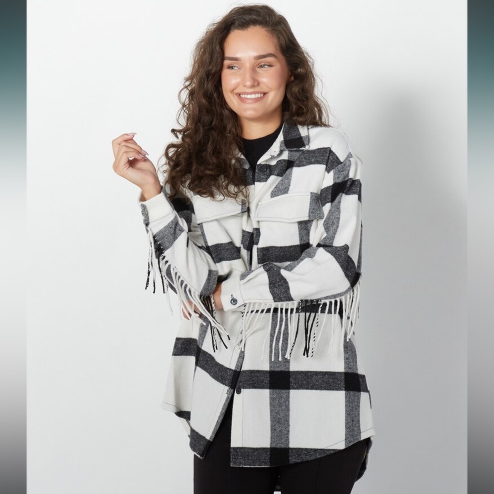 Badgley Mischka Black and White Plaid Fringe Jacket